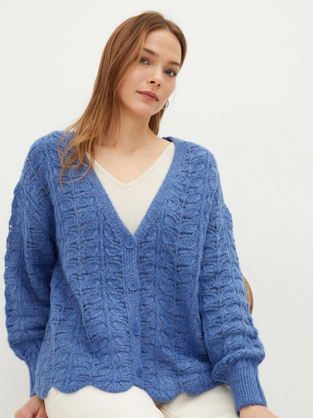V-Neck Hole-Knitted Long Sleeve Women's Knitwear Cardigan-2