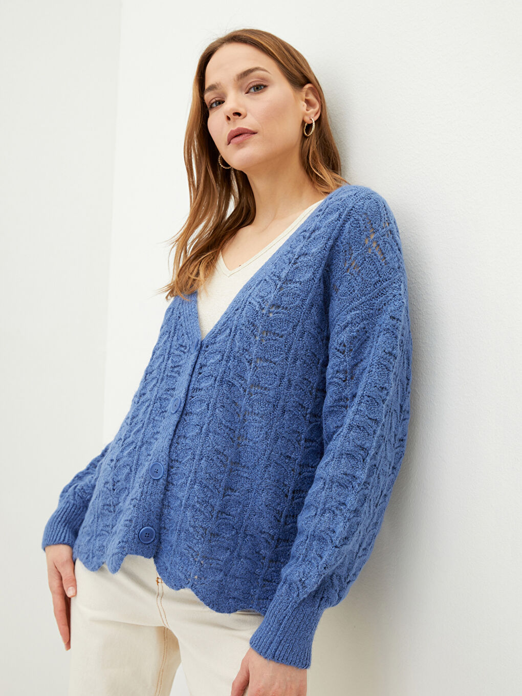V-Neck Hole-Knitted Long Sleeve Women's Knitwear Cardigan-3