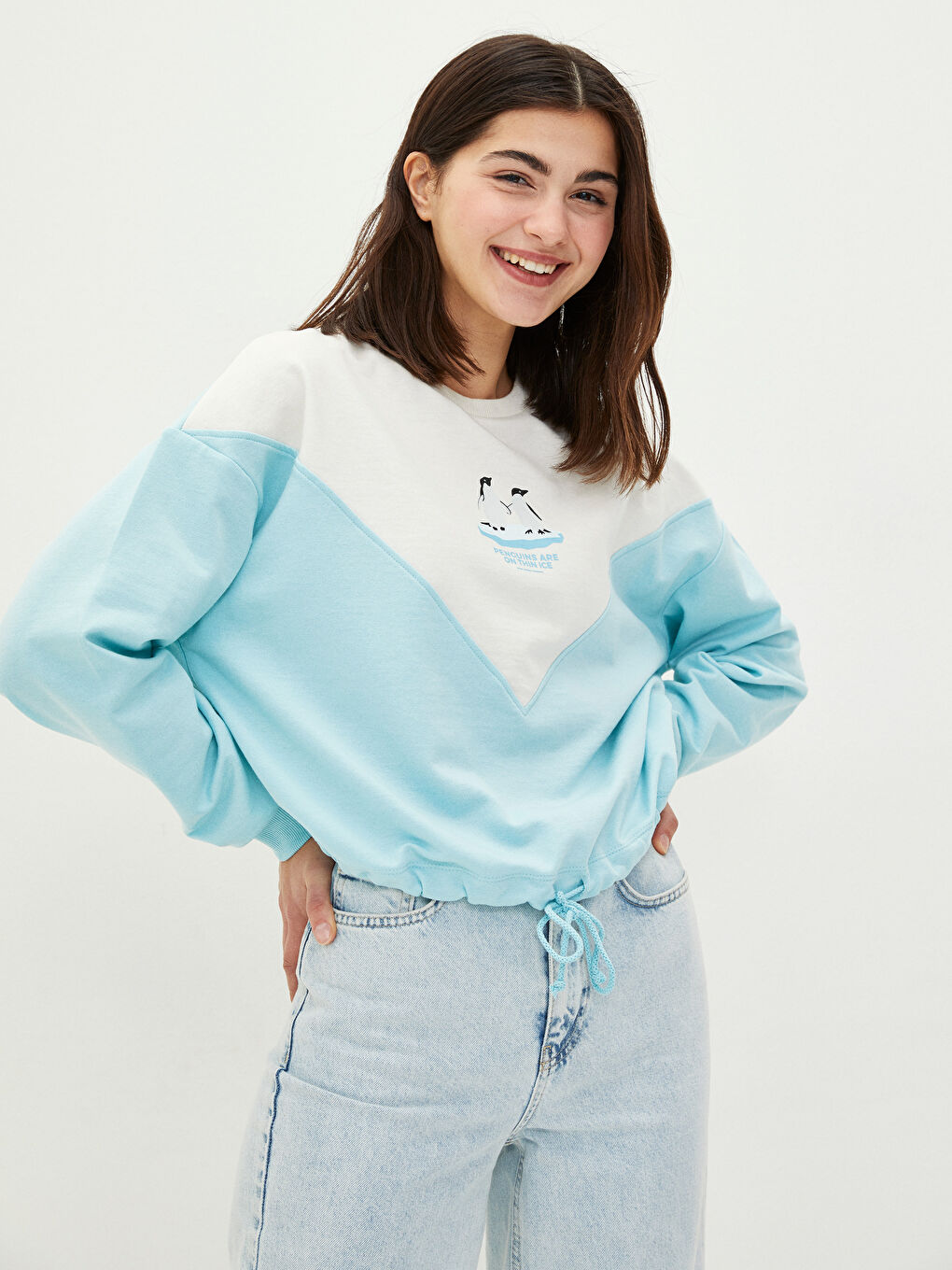 Turkuaz Bisiklet Yaka Renk Bloklu Uzun Kollu Kadın Sweatshirt-1