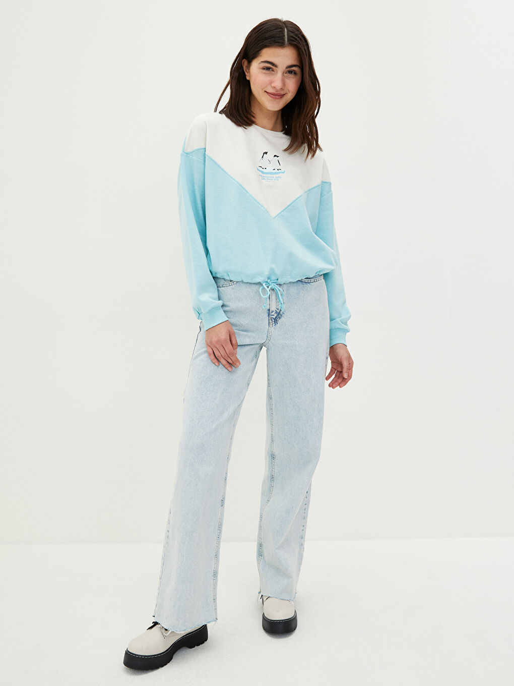 Turkuaz Bisiklet Yaka Renk Bloklu Uzun Kollu Kadın Sweatshirt-2