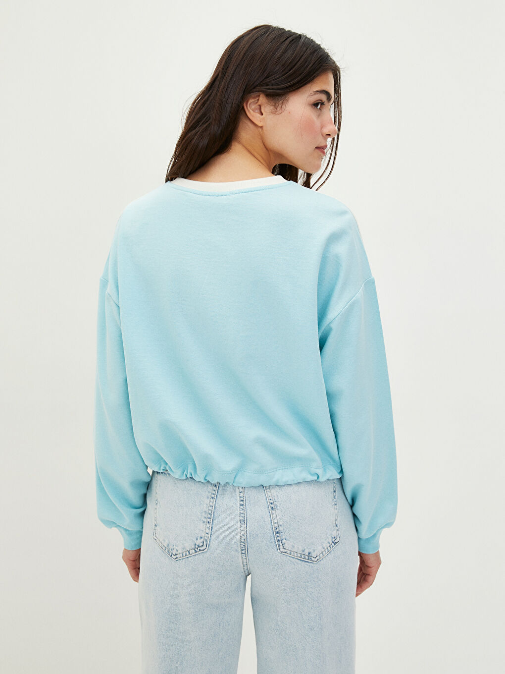 Turkuaz Bisiklet Yaka Renk Bloklu Uzun Kollu Kadın Sweatshirt-4