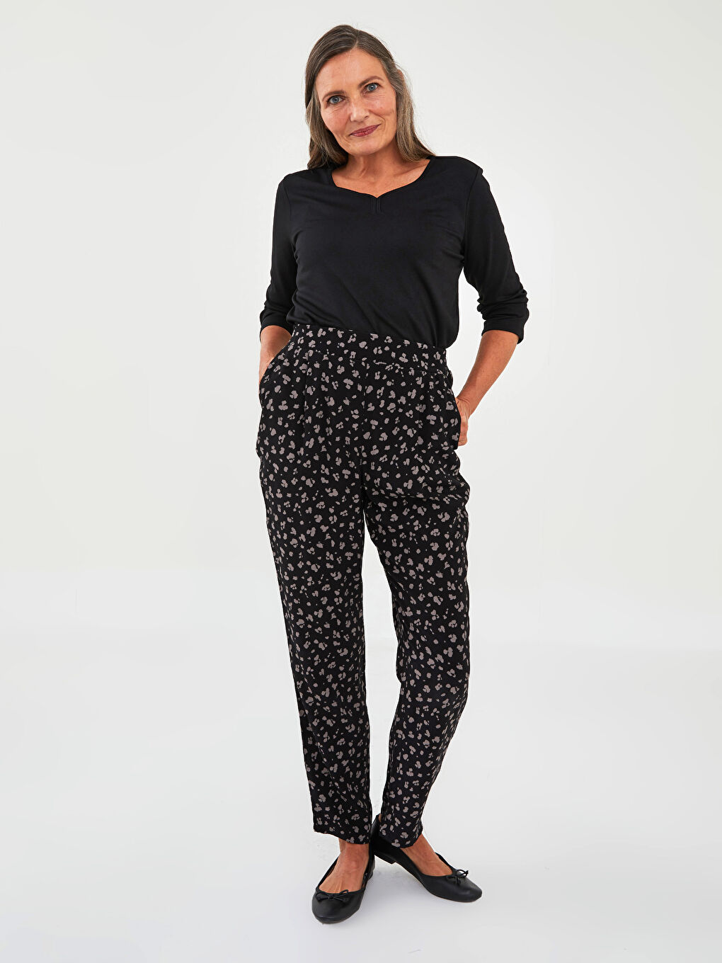 Pantaloni Dama Vâscoză Confortabili cu Talie Elastică, Imprimeu și Buzunare