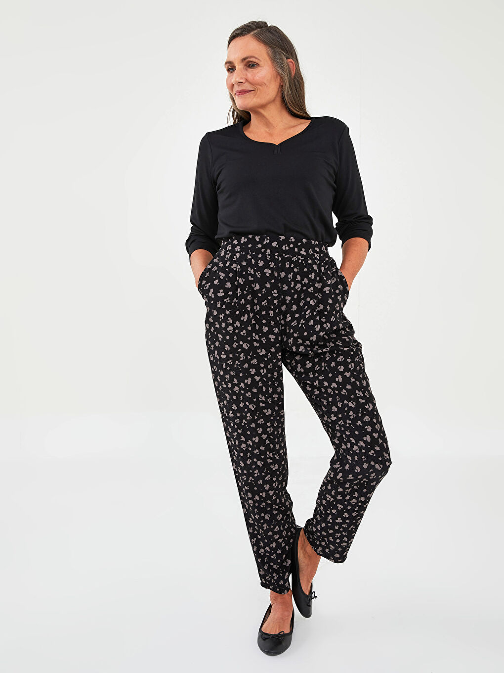 Pantaloni Dama Vâscoză Confortabili cu Talie Elastică, Imprimeu și Buzunare-1