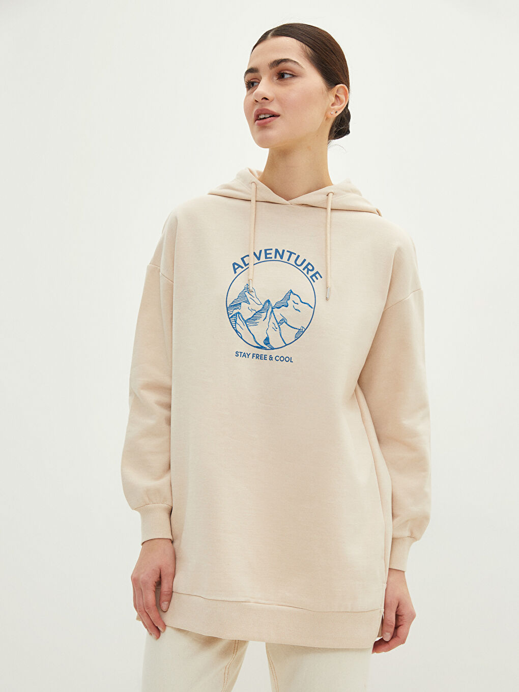 Bej Kapüşonlu Baskılı Uzun Kollu Kadın Sweatshirt Tunik