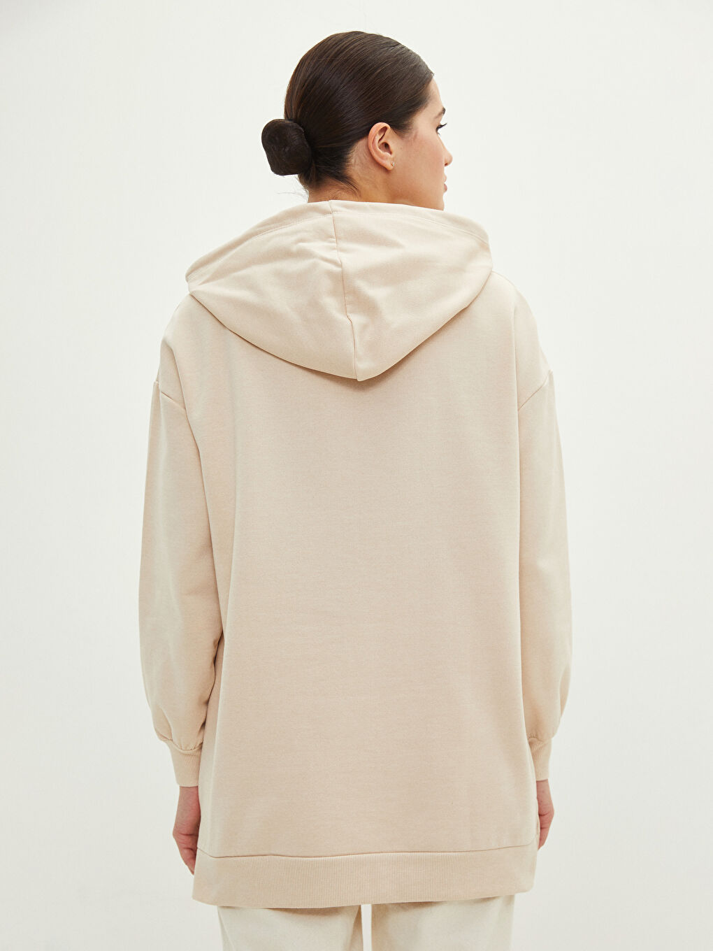 Bej Kapüşonlu Baskılı Uzun Kollu Kadın Sweatshirt Tunik-3