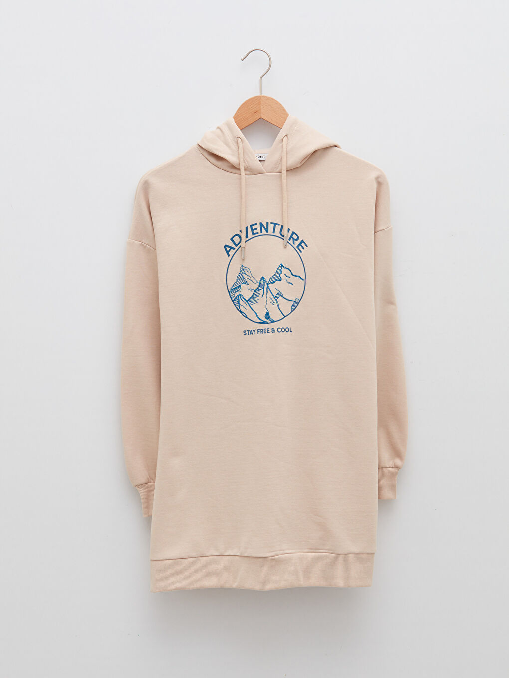 Bej Kapüşonlu Baskılı Uzun Kollu Kadın Sweatshirt Tunik-4