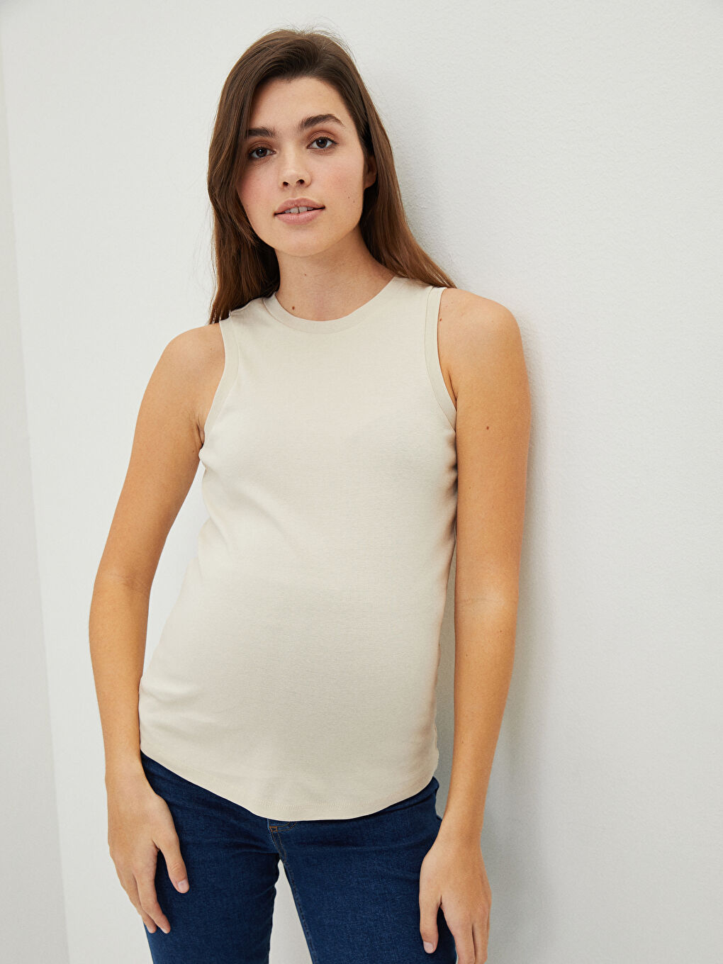 Bej Bisiklet Yaka Düz Pamuklu Hamile Atlet-1