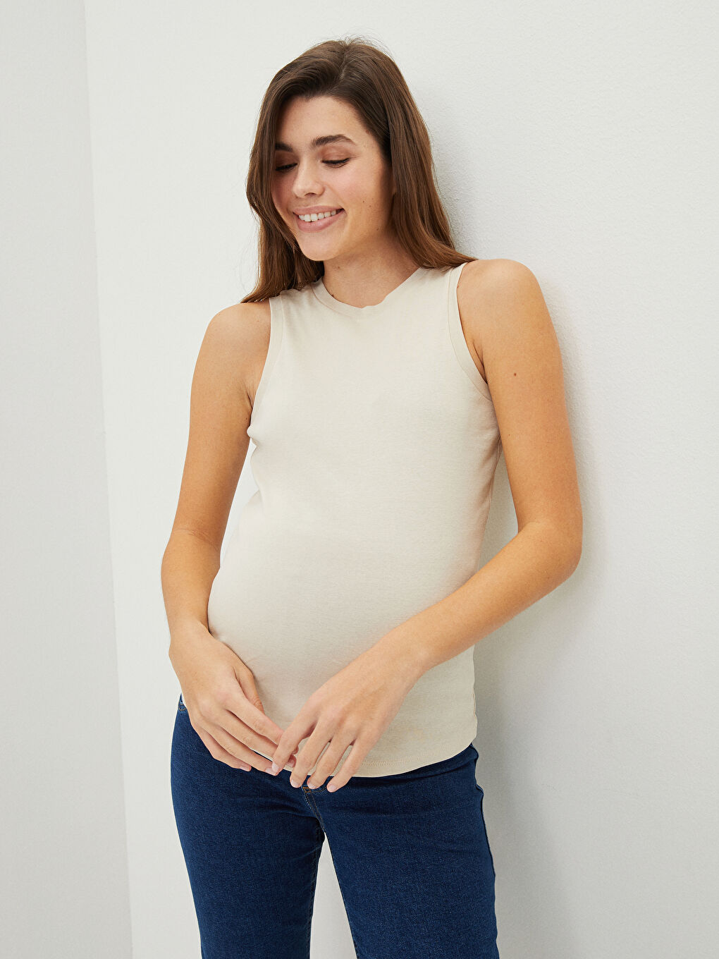 Bej Bisiklet Yaka Düz Pamuklu Hamile Atlet-3