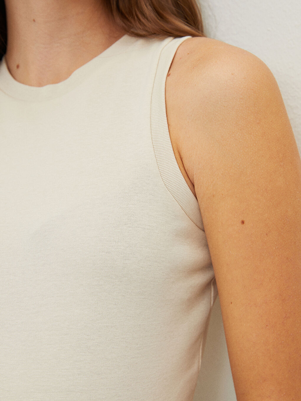 Bej Bisiklet Yaka Düz Pamuklu Hamile Atlet-5