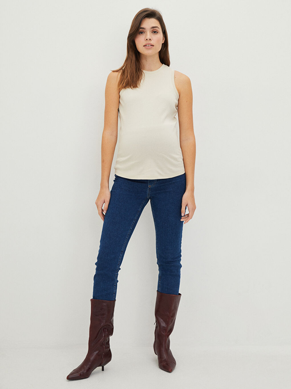 Bej Bisiklet Yaka Düz Pamuklu Hamile Atlet-7