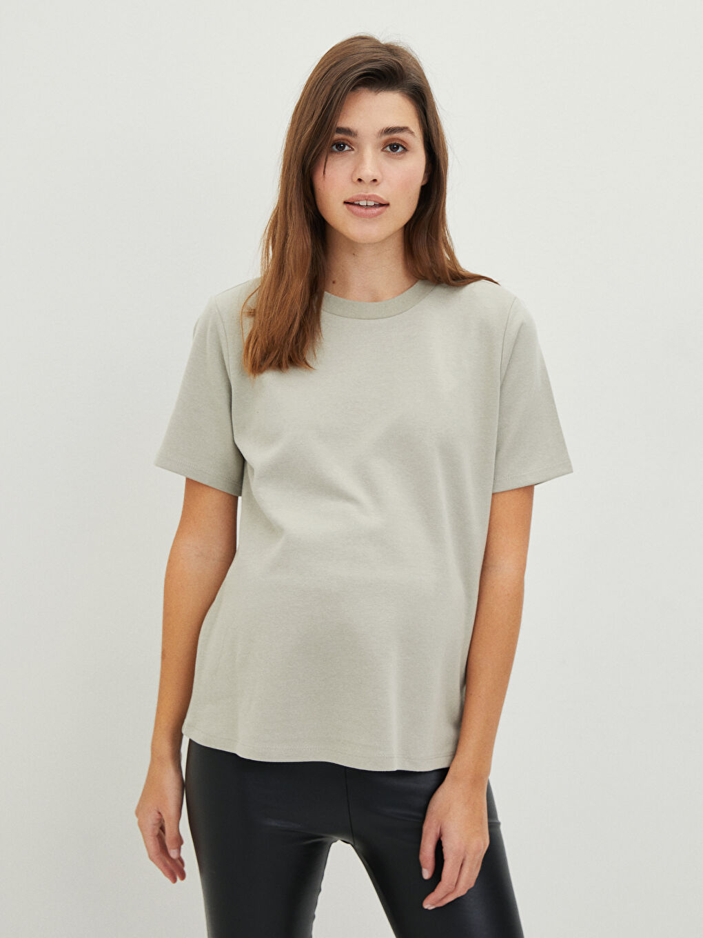 Gri Bisiklet Yaka Düz Kısa Kollu Hamile Tişört-1