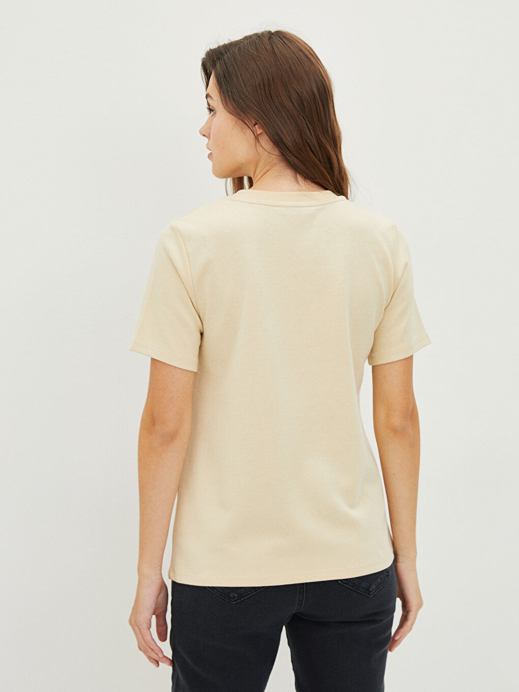 Bej Bisiklet Yaka Düz Kısa Kollu Hamile Tişört-4