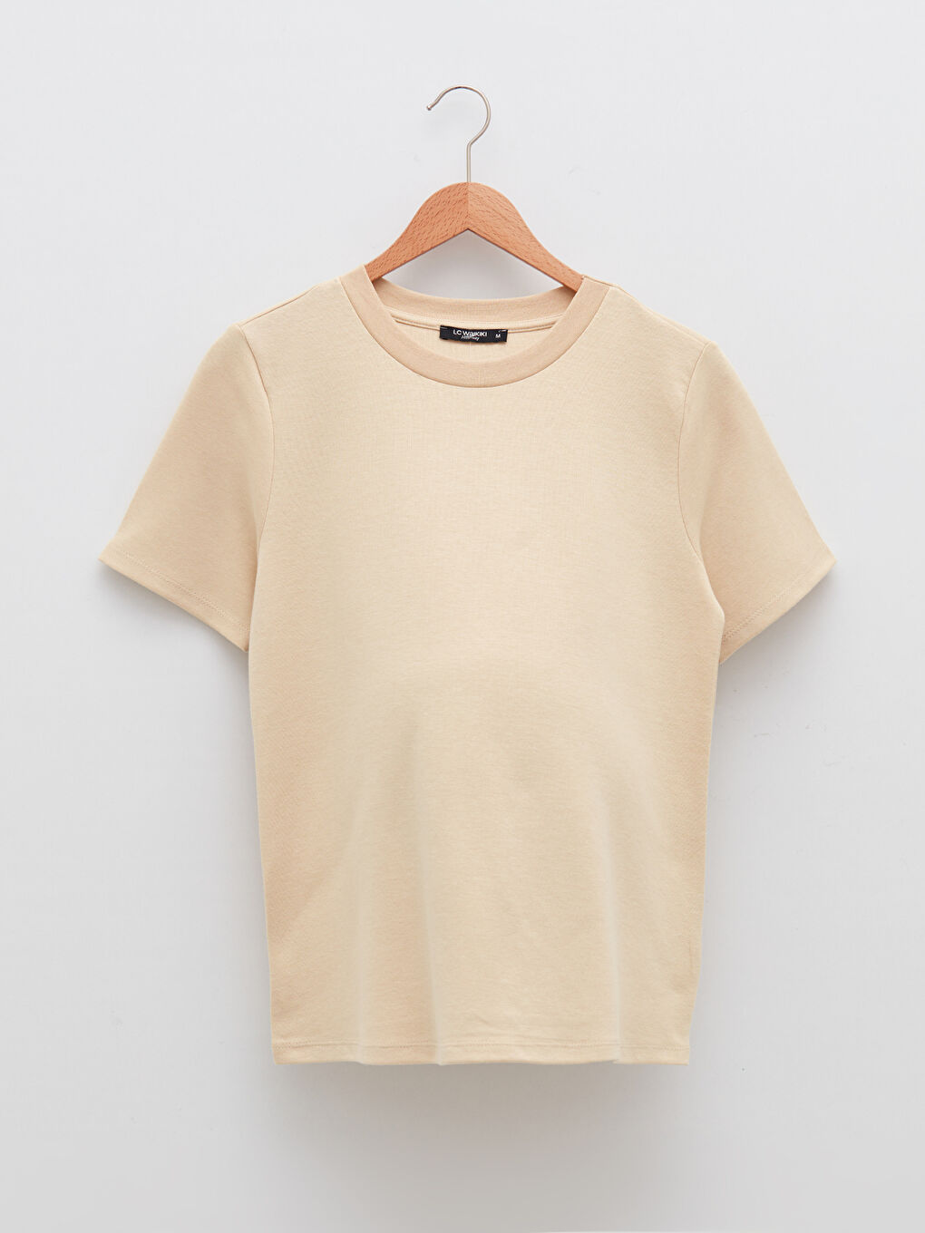 Bej Bisiklet Yaka Düz Kısa Kollu Hamile Tişört-5