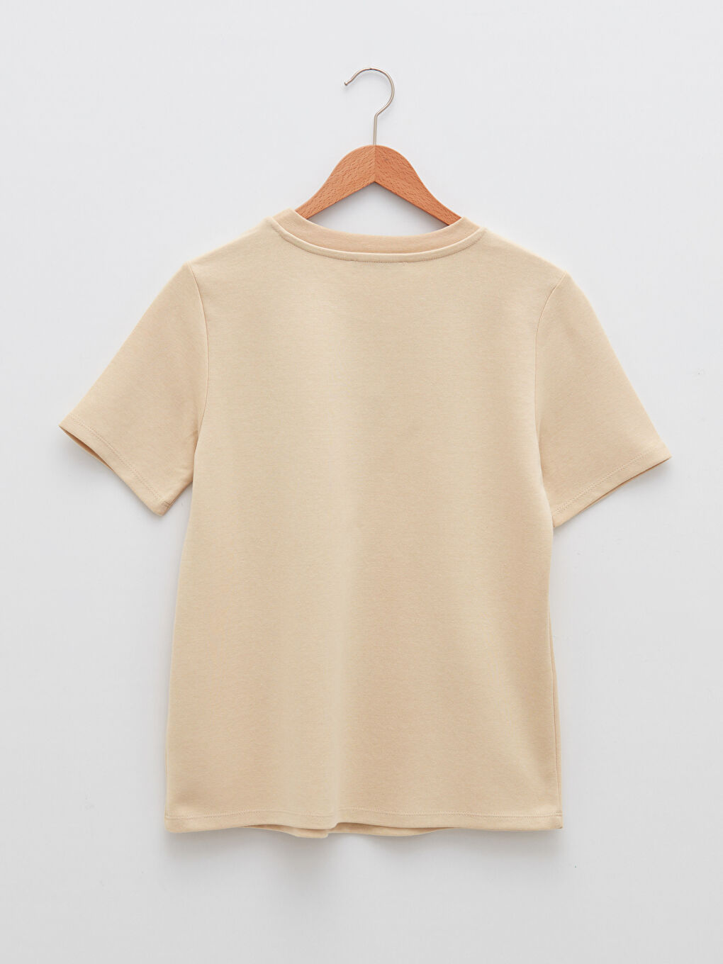Bej Bisiklet Yaka Düz Kısa Kollu Hamile Tişört-6