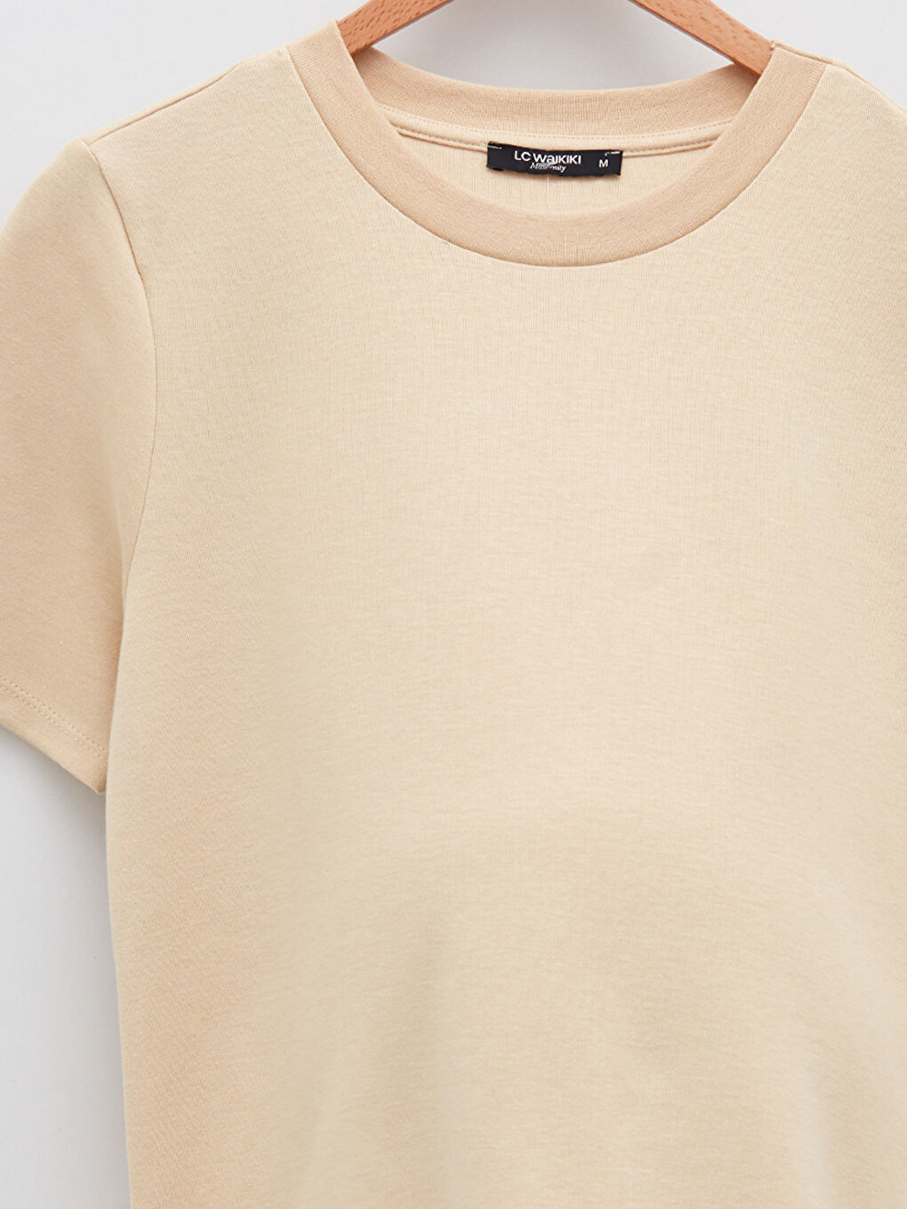 Bej Bisiklet Yaka Düz Kısa Kollu Hamile Tişört-7