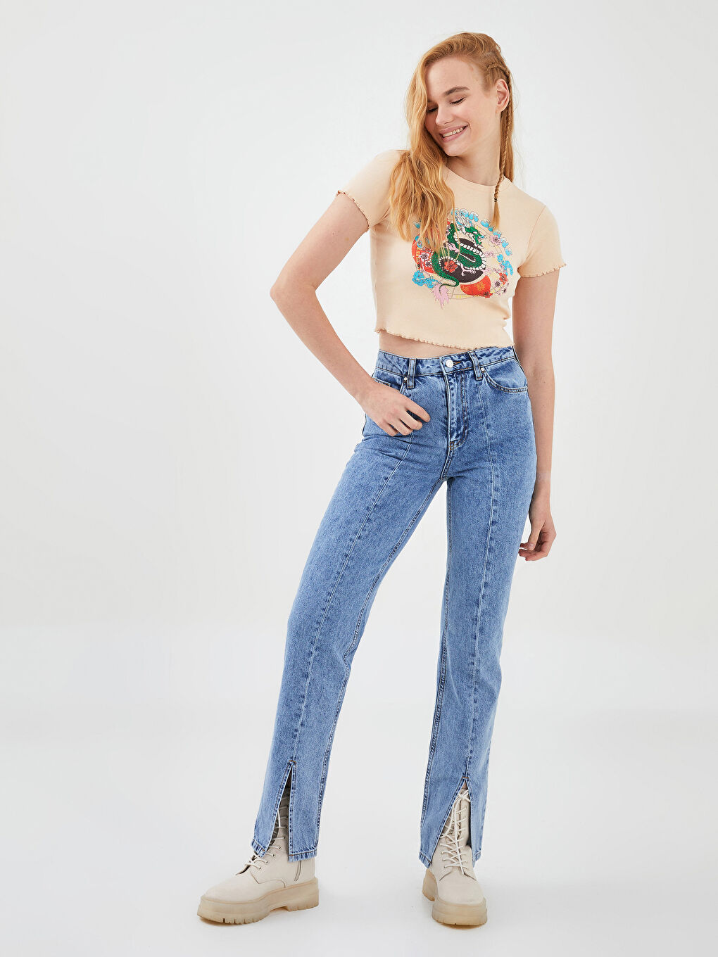 Bej Bisiklet Yaka Baskılı Kısa Kollu Kadın Crop-3