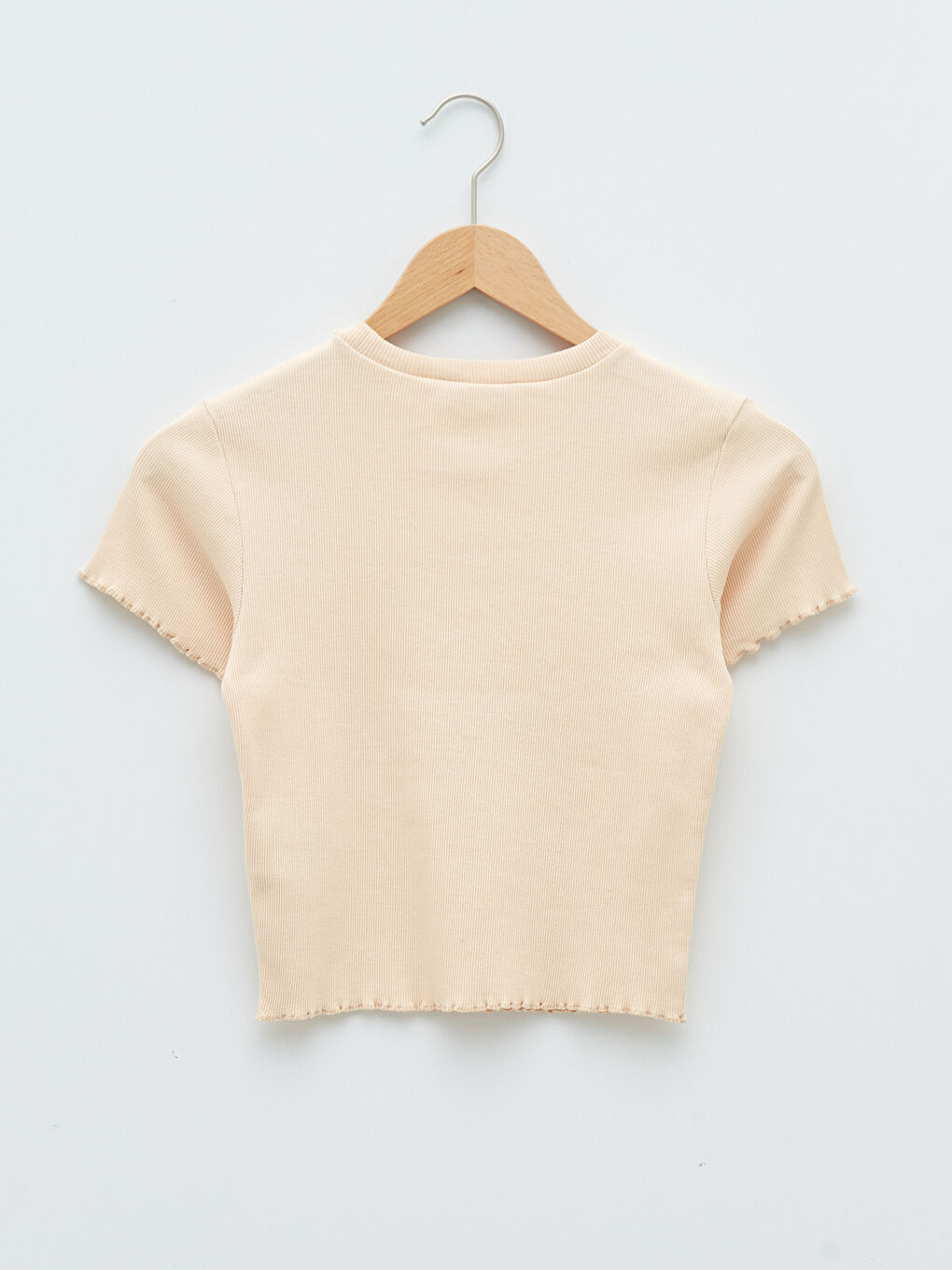 Bej Bisiklet Yaka Baskılı Kısa Kollu Kadın Crop-6