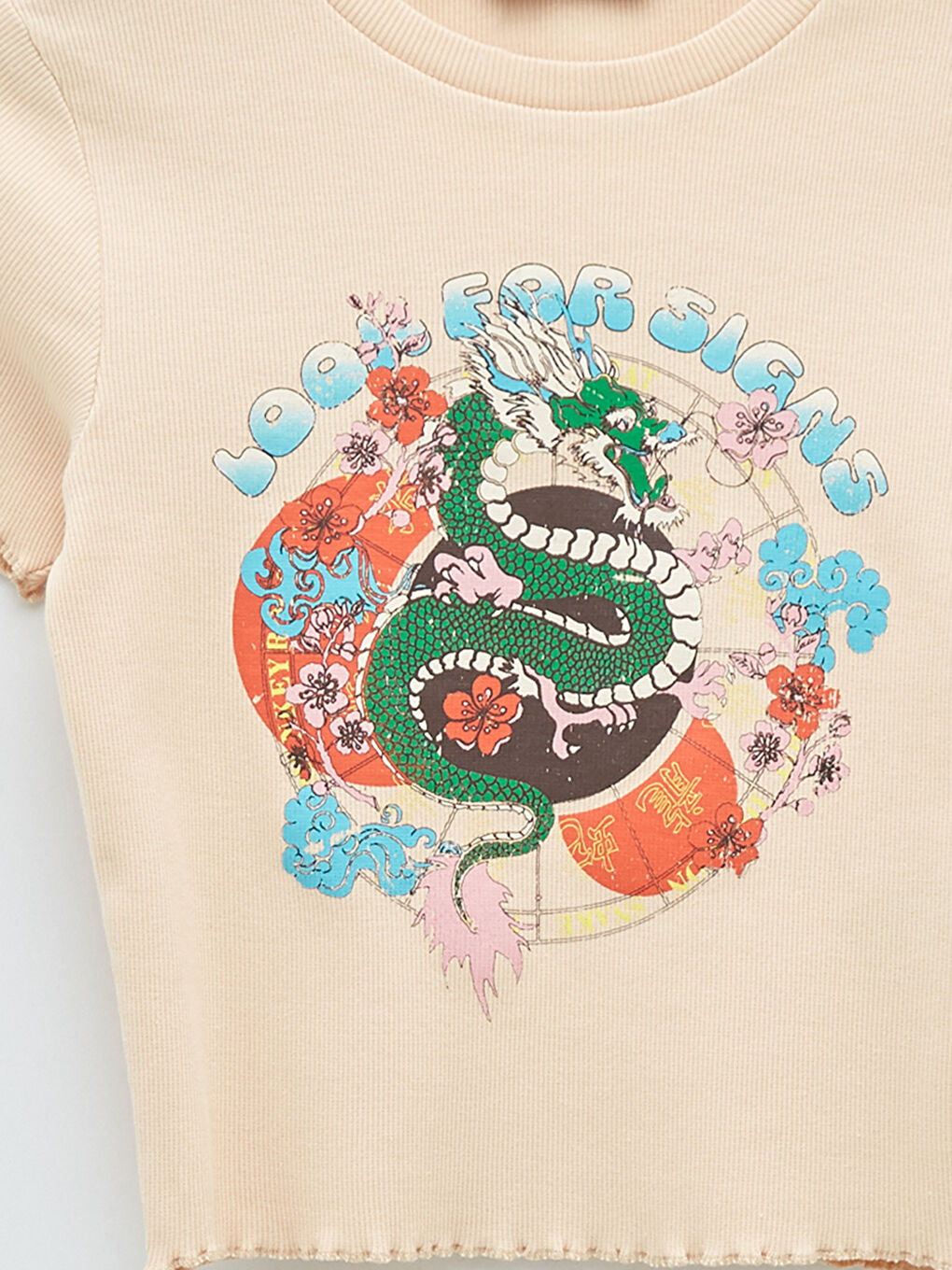 Bej Bisiklet Yaka Baskılı Kısa Kollu Kadın Crop-7