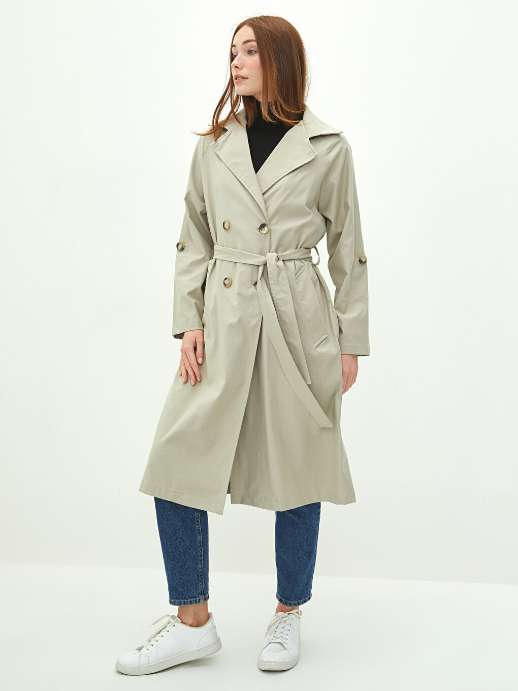 Jacket Collar Straight Long Sleeve Waist Belted Oversize Women's Trench Coat