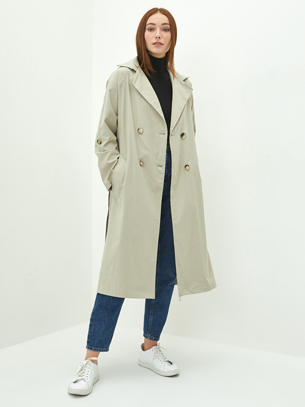 Jacket Collar Straight Long Sleeve Waist Belted Oversize Women's Trench Coat-1
