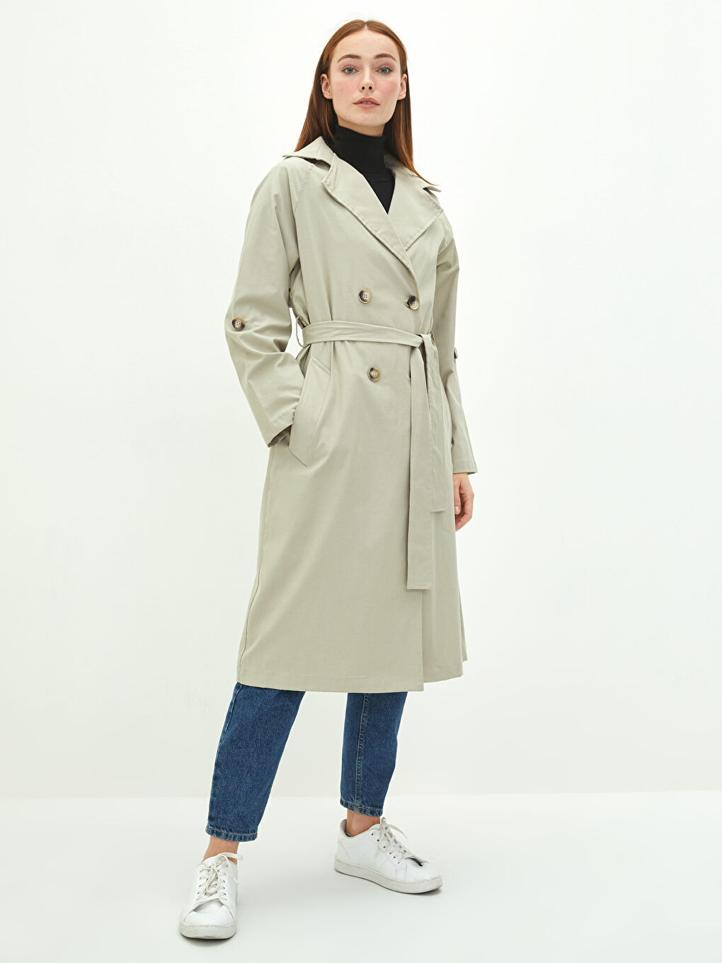 Jacket Collar Straight Long Sleeve Waist Belted Oversize Women's Trench Coat-2