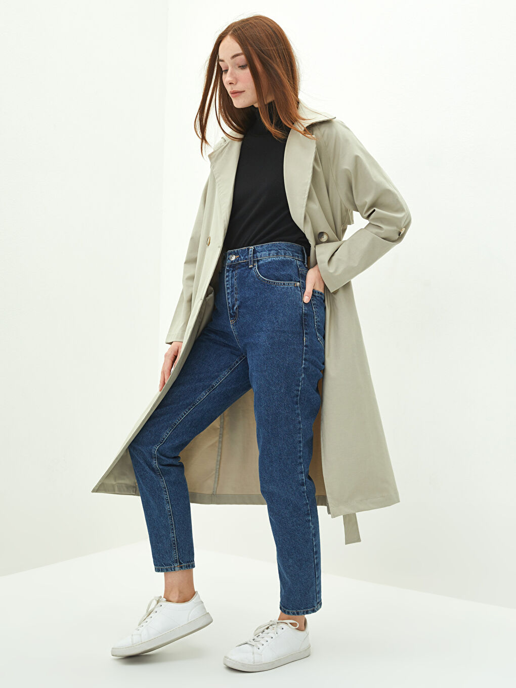 Jacket Collar Straight Long Sleeve Waist Belted Oversize Women's Trench Coat-3