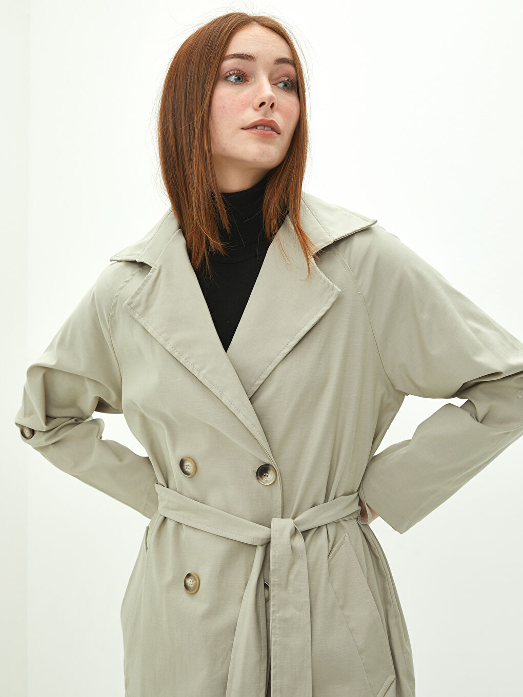 Jacket Collar Straight Long Sleeve Waist Belted Oversize Women's Trench Coat-4