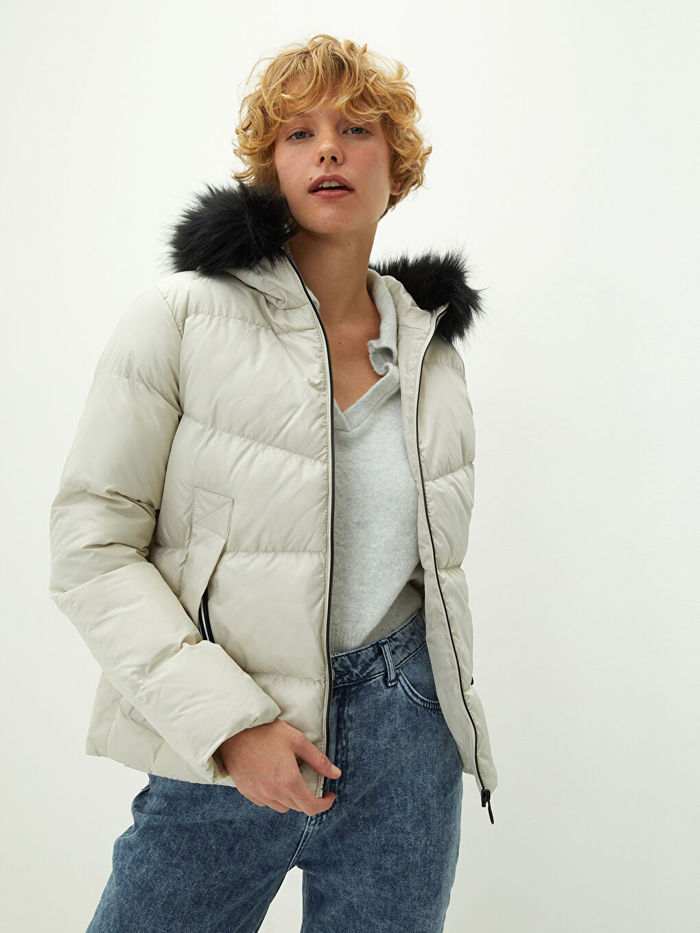 Hooded Collar Fur Detailed Long Sleeve Women's Down Coat