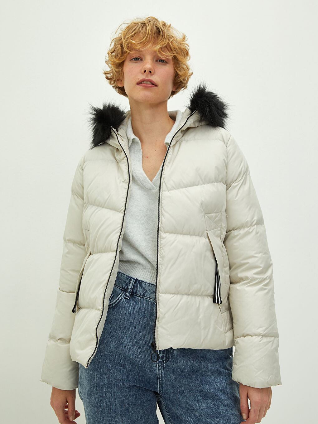 Hooded Collar Fur Detailed Long Sleeve Women's Down Coat-1