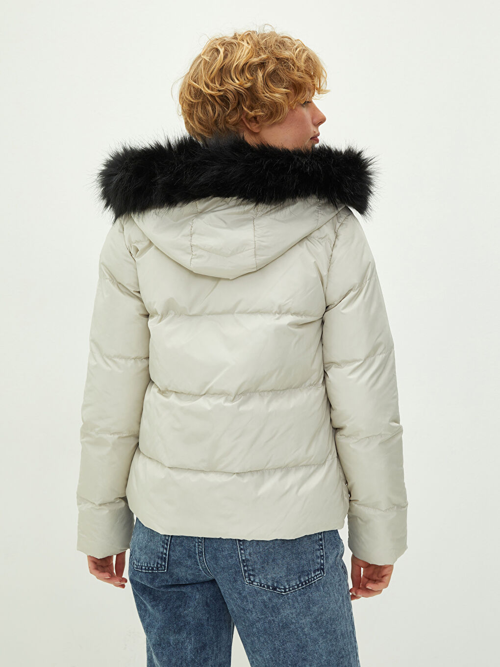 Hooded Collar Fur Detailed Long Sleeve Women's Down Coat-5