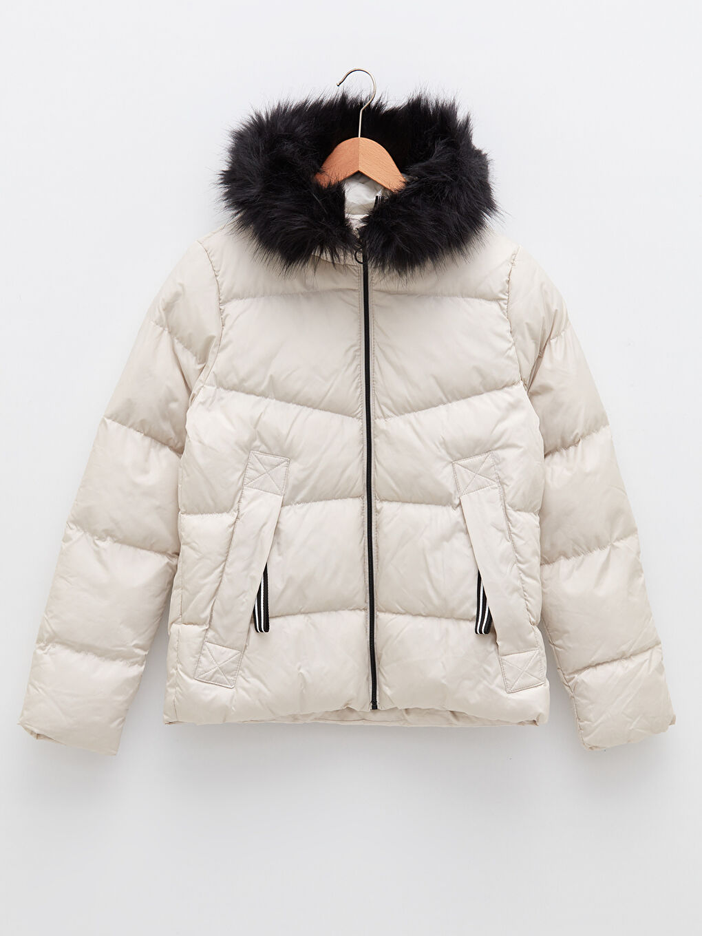 Hooded Collar Fur Detailed Long Sleeve Women's Down Coat-6