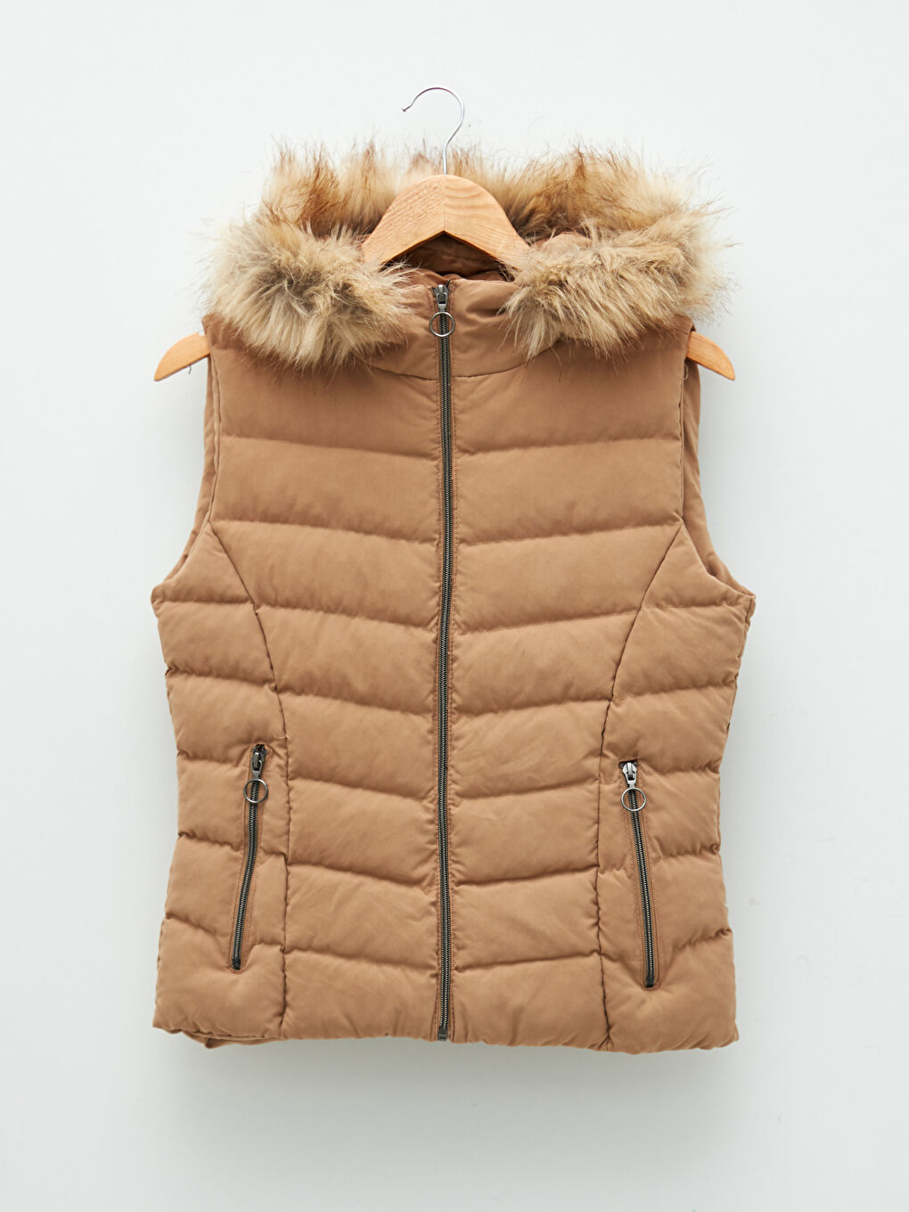 Bej Kadın Kapüşonlu Düz Şişme Yelek-5