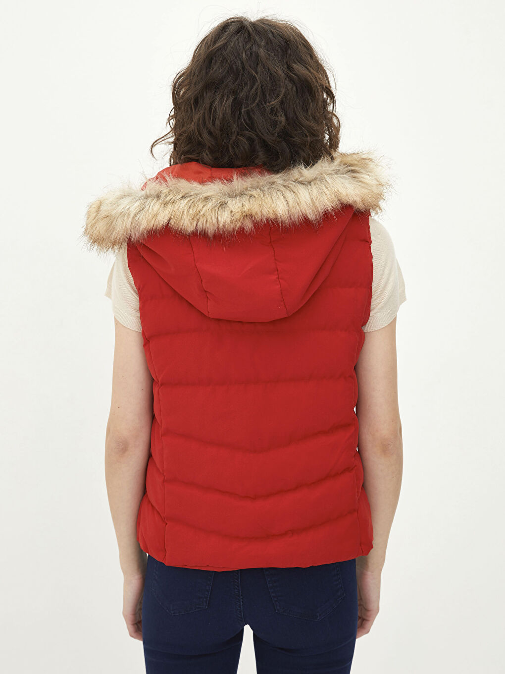 Kırmızı Kadın Kapüşonlu Düz Şişme Yelek-5