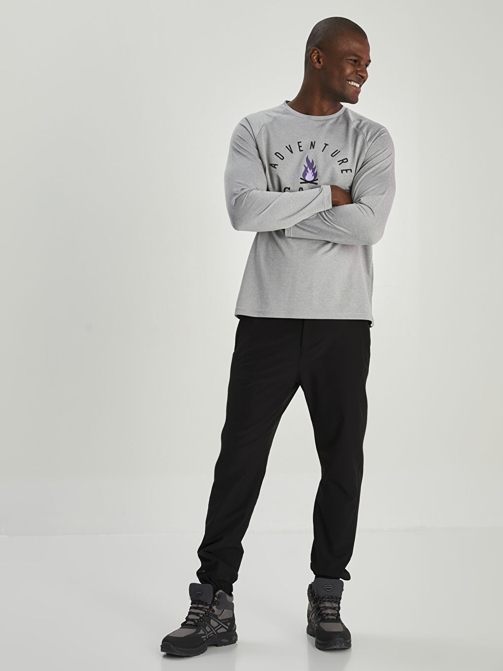 Gri Bisiklet Yaka Uzun Kollu Baskılı Erkek Tişört-2