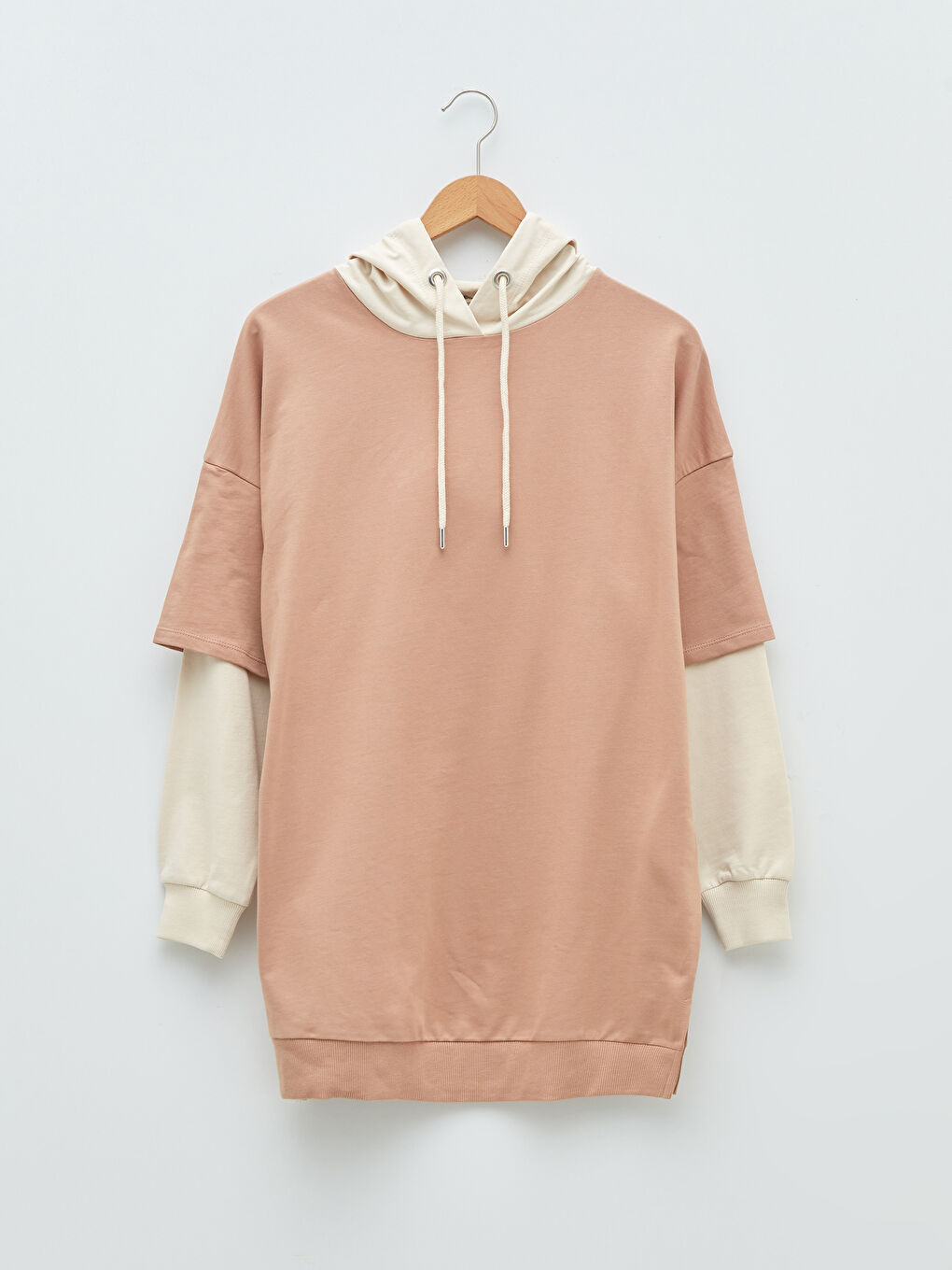 Bej Kapüşonlu Renk Bloklu Uzun Kollu Kadın Sweatshirt Tunik-5