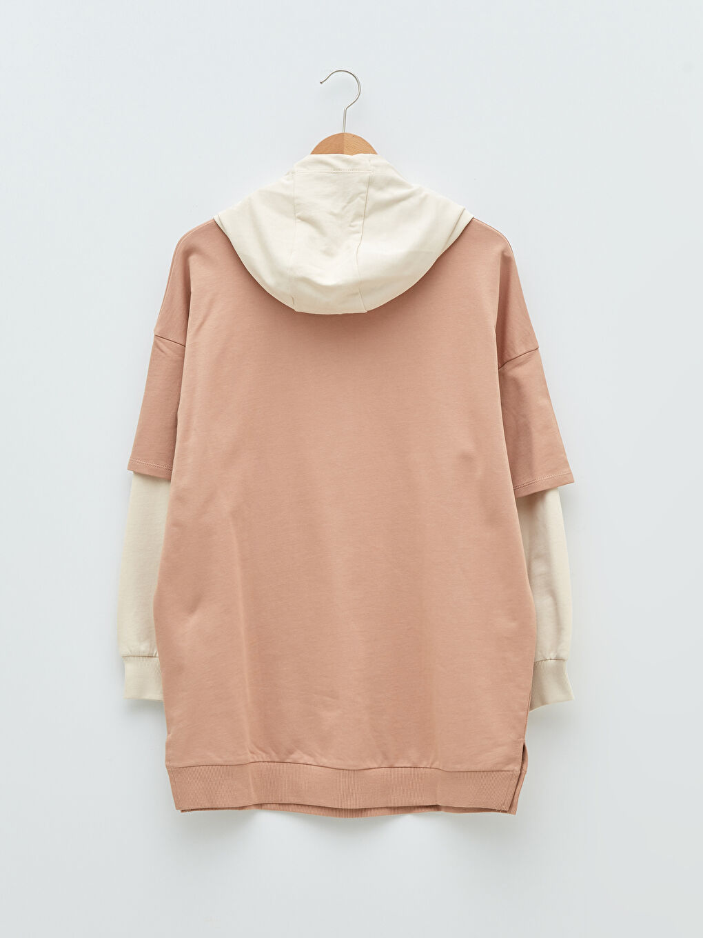 Bej Kapüşonlu Renk Bloklu Uzun Kollu Kadın Sweatshirt Tunik-6