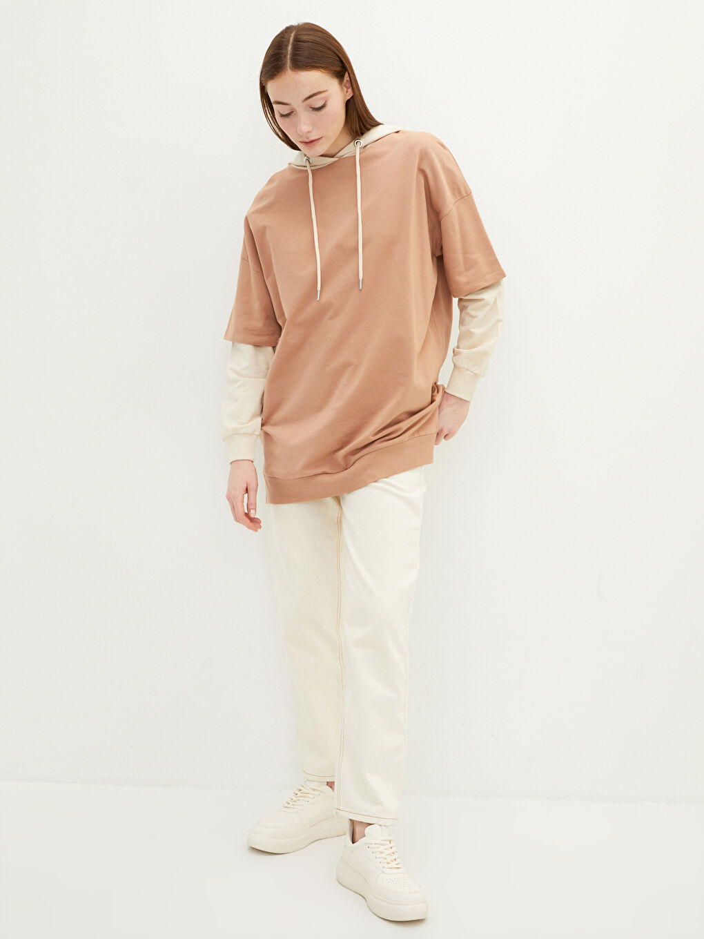 Bej Kapüşonlu Renk Bloklu Uzun Kollu Kadın Sweatshirt Tunik