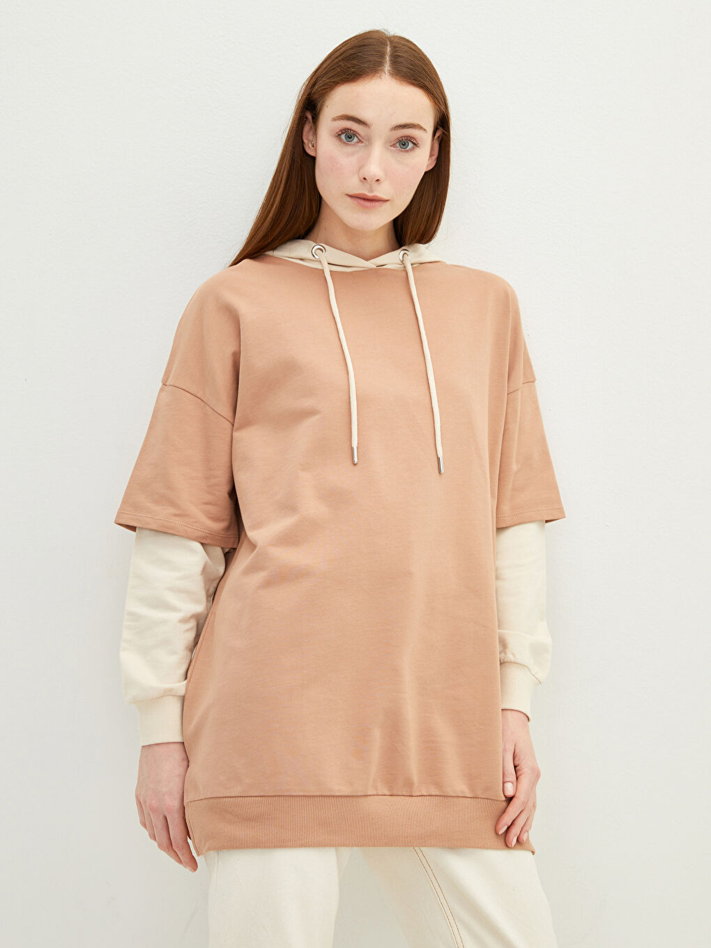 Bej Kapüşonlu Renk Bloklu Uzun Kollu Kadın Sweatshirt Tunik-1