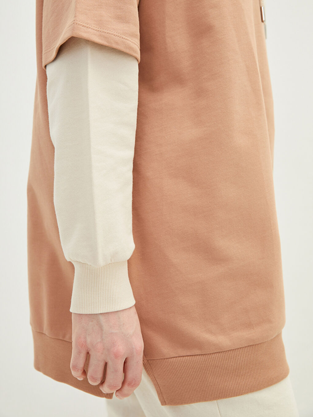 Bej Kapüşonlu Renk Bloklu Uzun Kollu Kadın Sweatshirt Tunik-3