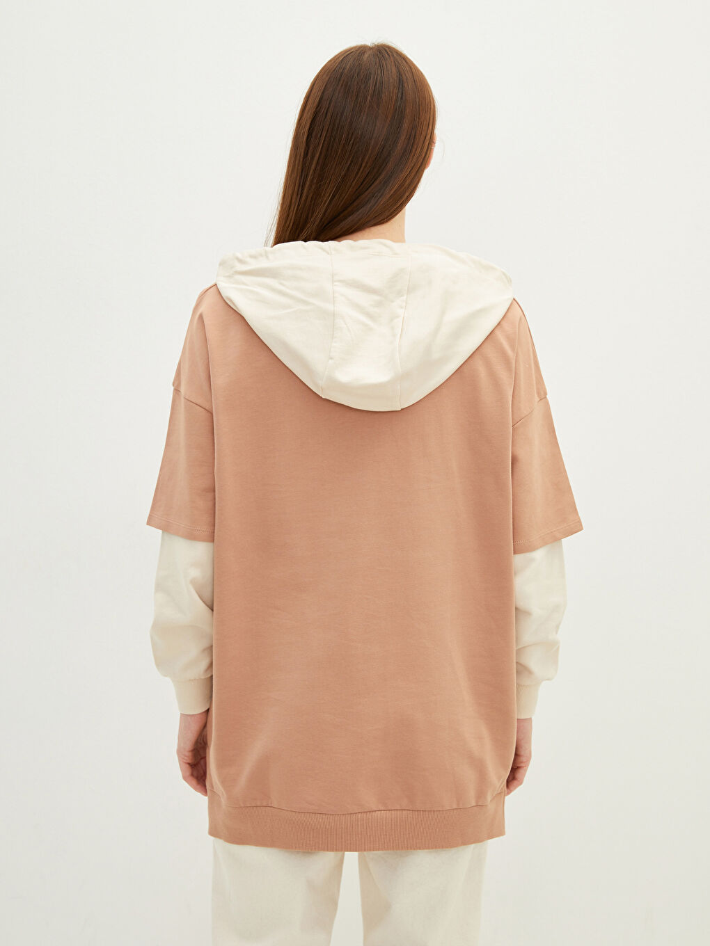 Bej Kapüşonlu Renk Bloklu Uzun Kollu Kadın Sweatshirt Tunik-4