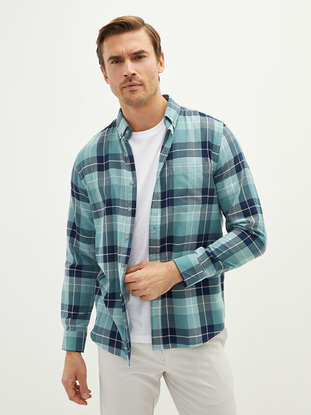Yeşil Regular Fit Uzun Kollu Ekose Erkek Gömlek-1