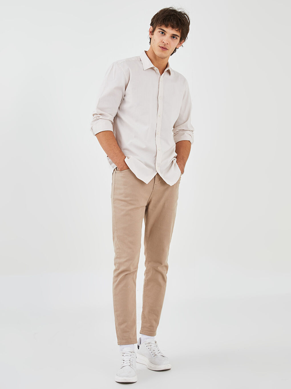 Bej Regular Fit Uzun Kollu Oxford Erkek Gömlek