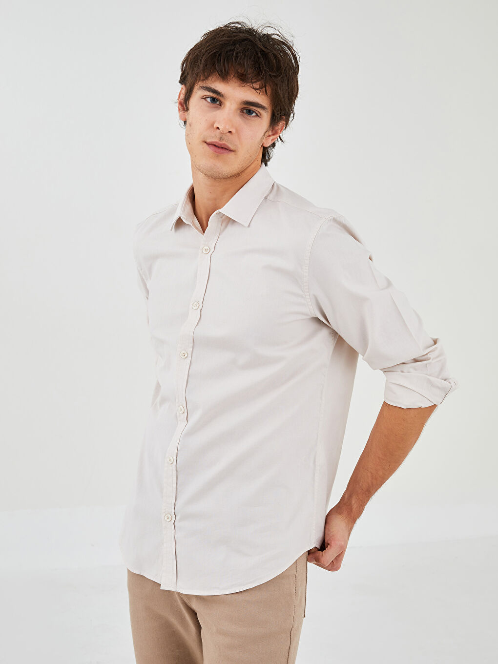 Bej Regular Fit Uzun Kollu Oxford Erkek Gömlek-2