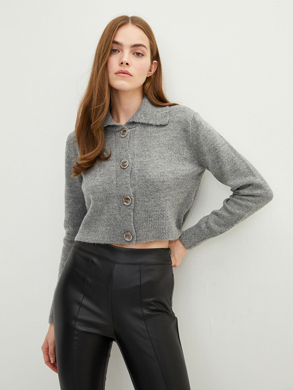 Gri Polo Yaka Kadın Triko Hırka