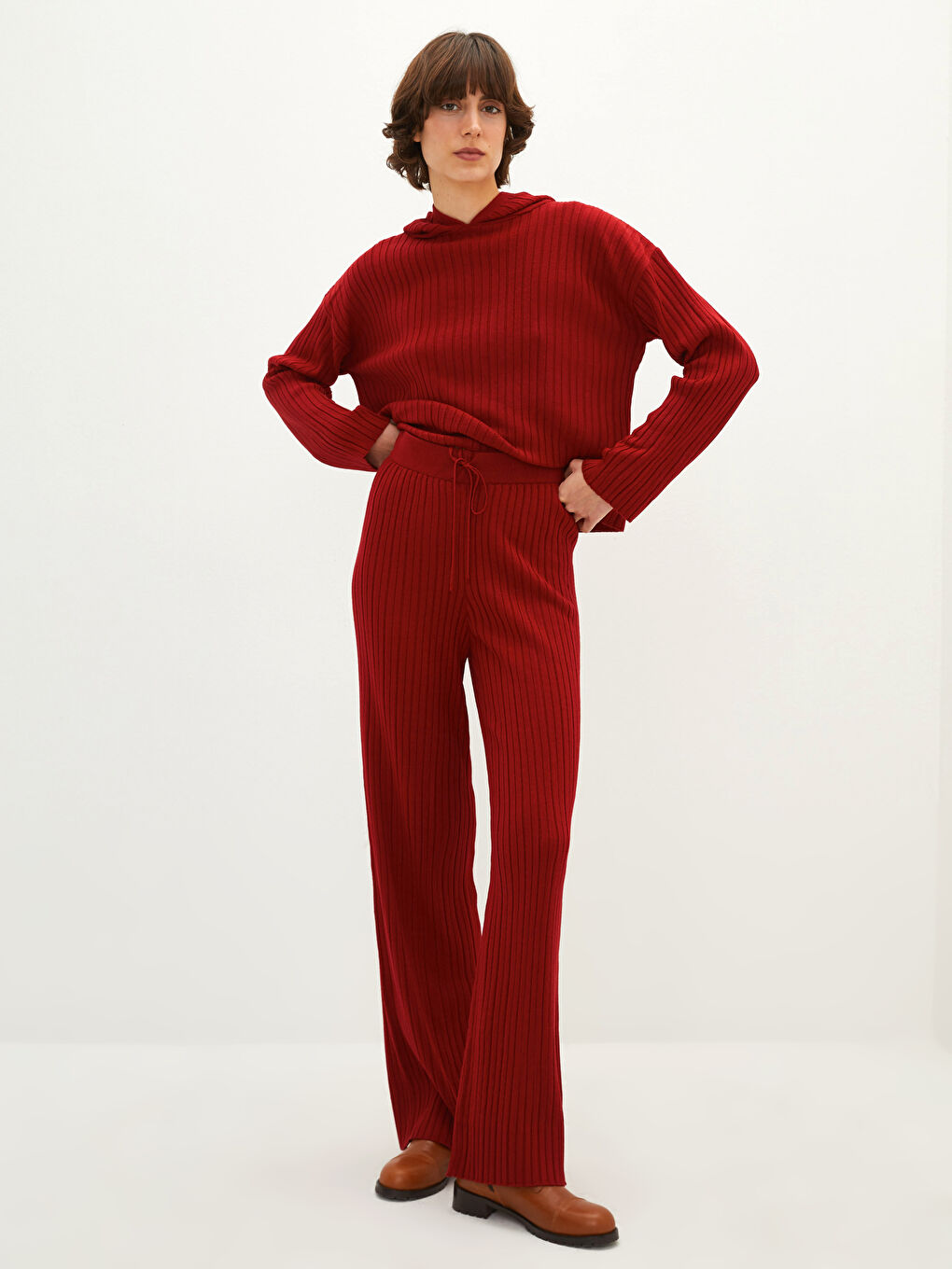 Bordo Yüksek Bel Standart Fit İspanyol Paça Kadın Triko Pantolon-1