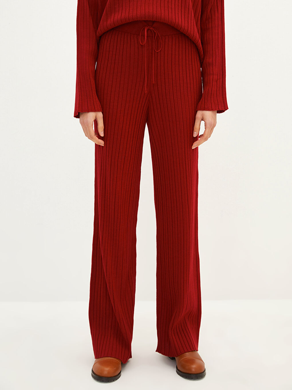 Bordo Yüksek Bel Standart Fit İspanyol Paça Kadın Triko Pantolon-2