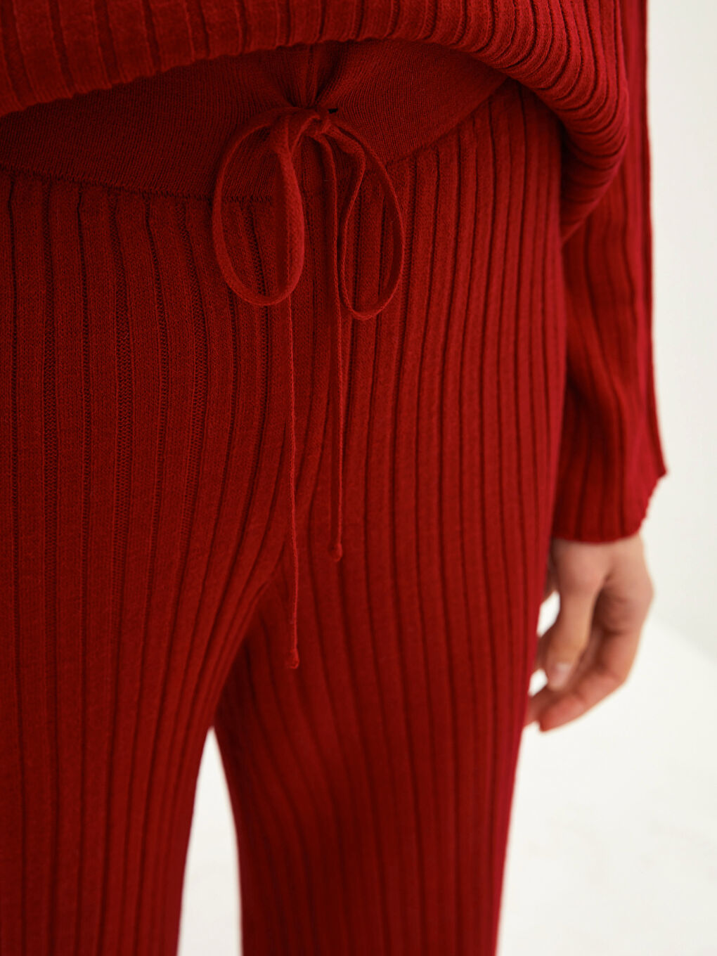 Bordo Yüksek Bel Standart Fit İspanyol Paça Kadın Triko Pantolon-3