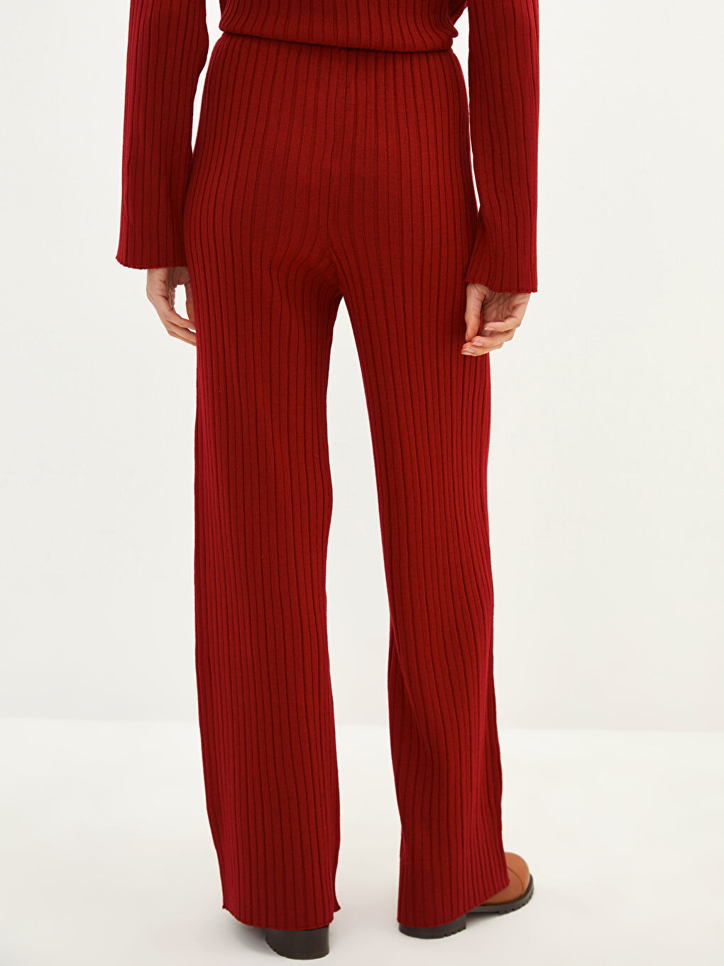 Bordo Yüksek Bel Standart Fit İspanyol Paça Kadın Triko Pantolon-4