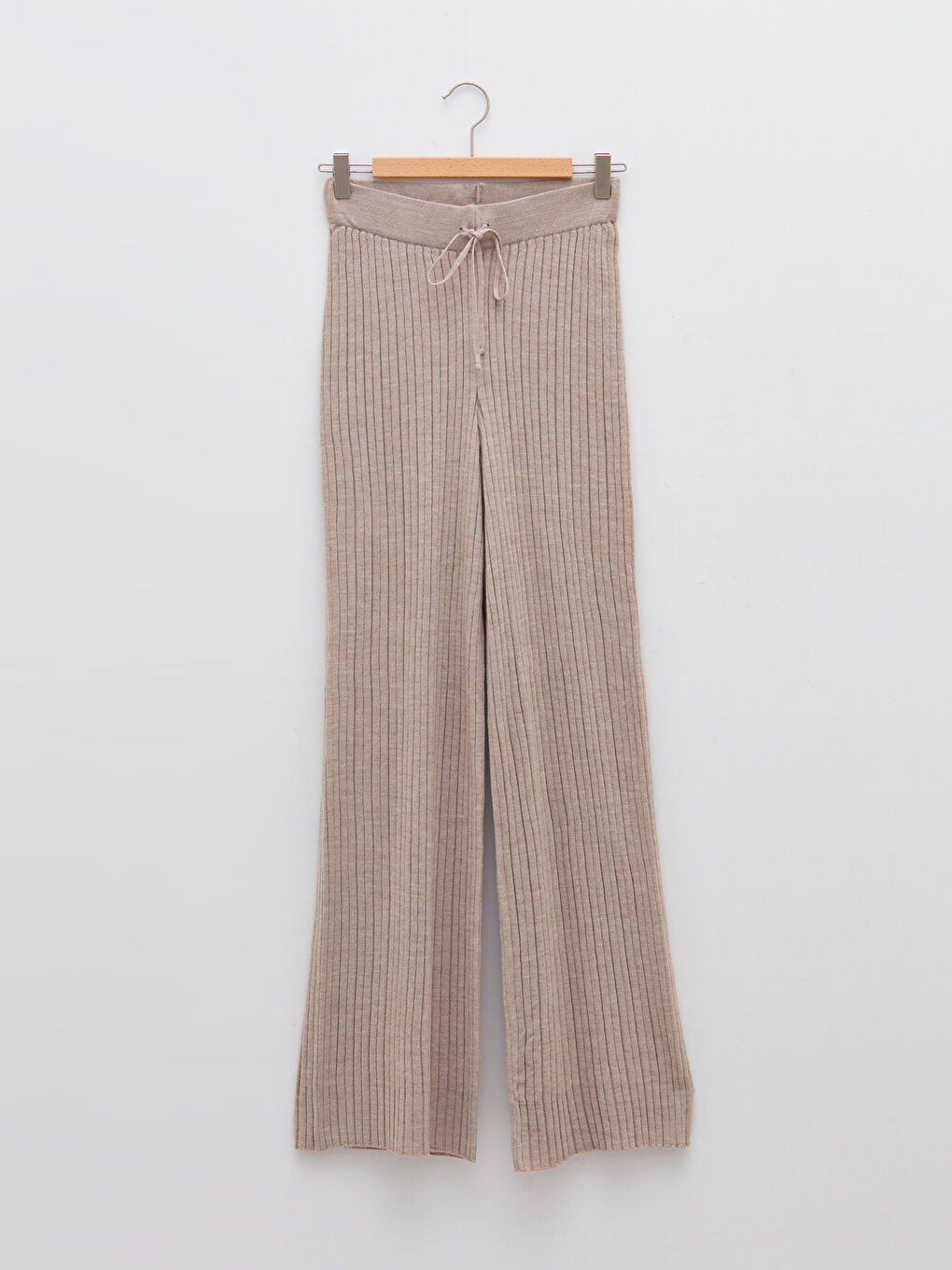 Bej Yüksek Bel Standart Fit İspanyol Paça Kadın Triko Pantolon-5