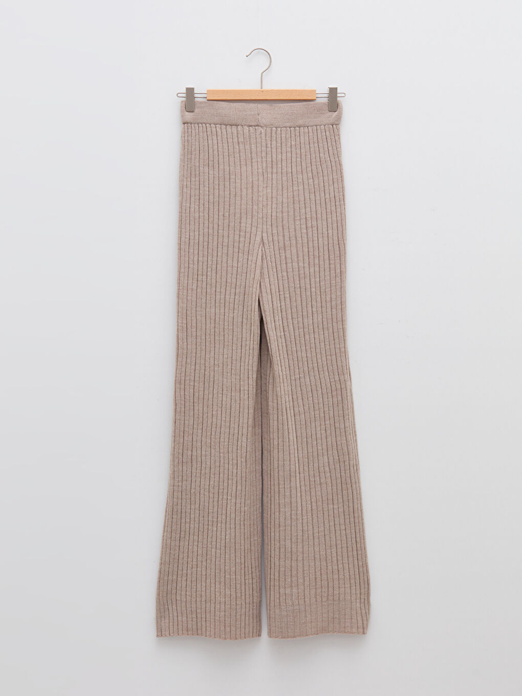 Bej Yüksek Bel Standart Fit İspanyol Paça Kadın Triko Pantolon-6